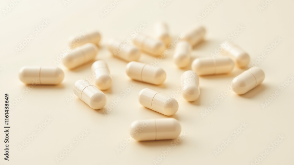 A collection of white magnesium glycinate capsules on a grey surface. A collection of white magnesium glycinate capsules on a grey surface.