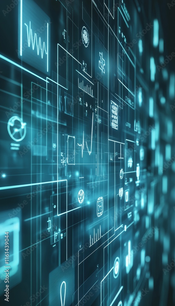 Fototapeta premium Futuristic Healthcare Data Visualization Abstract Background Design with Medical Technology Icons.