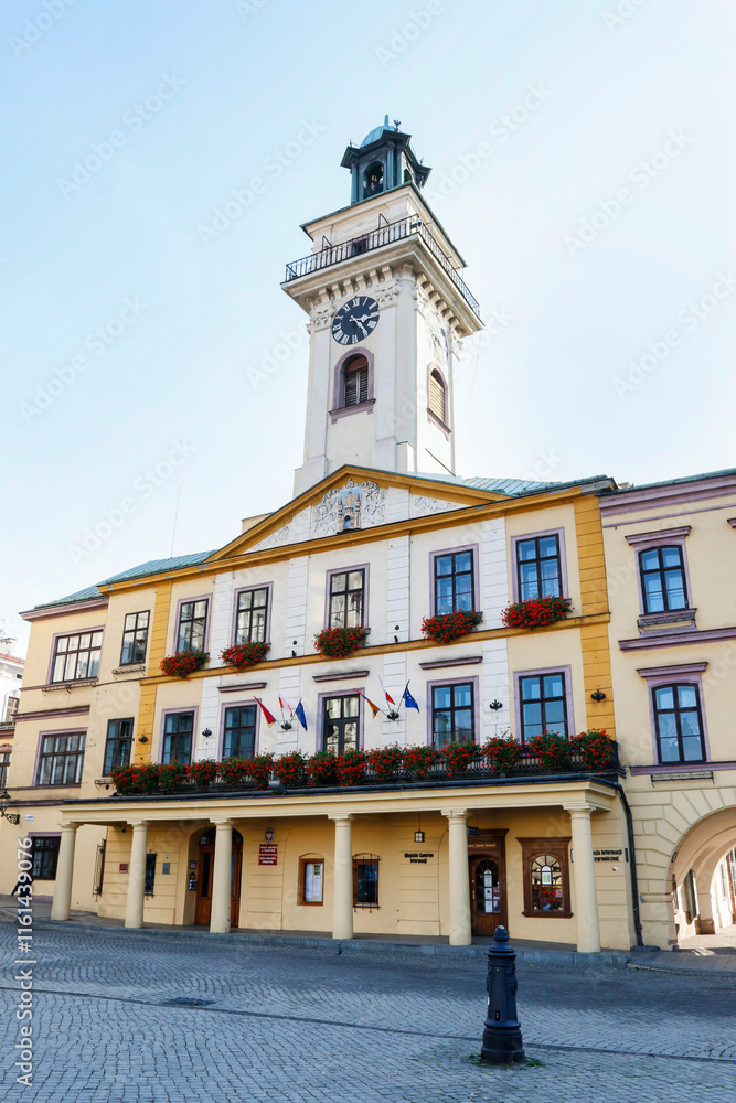 CIESZYN, POLAND - OCTOBER 26, 2019: Beautiful old tenements by the Main Market Square in Cieszyn, Poland.