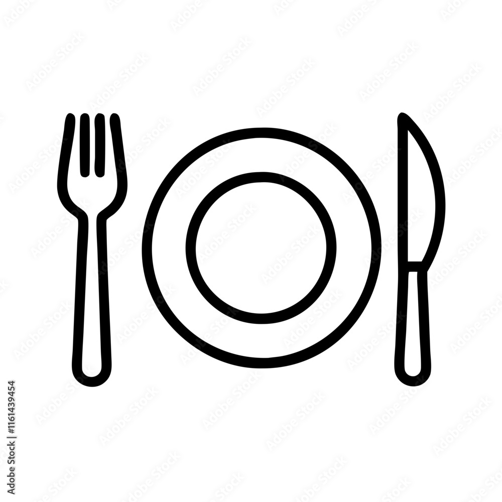 Fork and knife next to a round plate on white background Fork and knife next to a round plate on white background