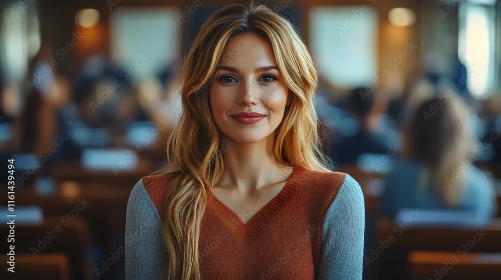 Fototapeta premium A woman with long blonde hair is smiling at the camera