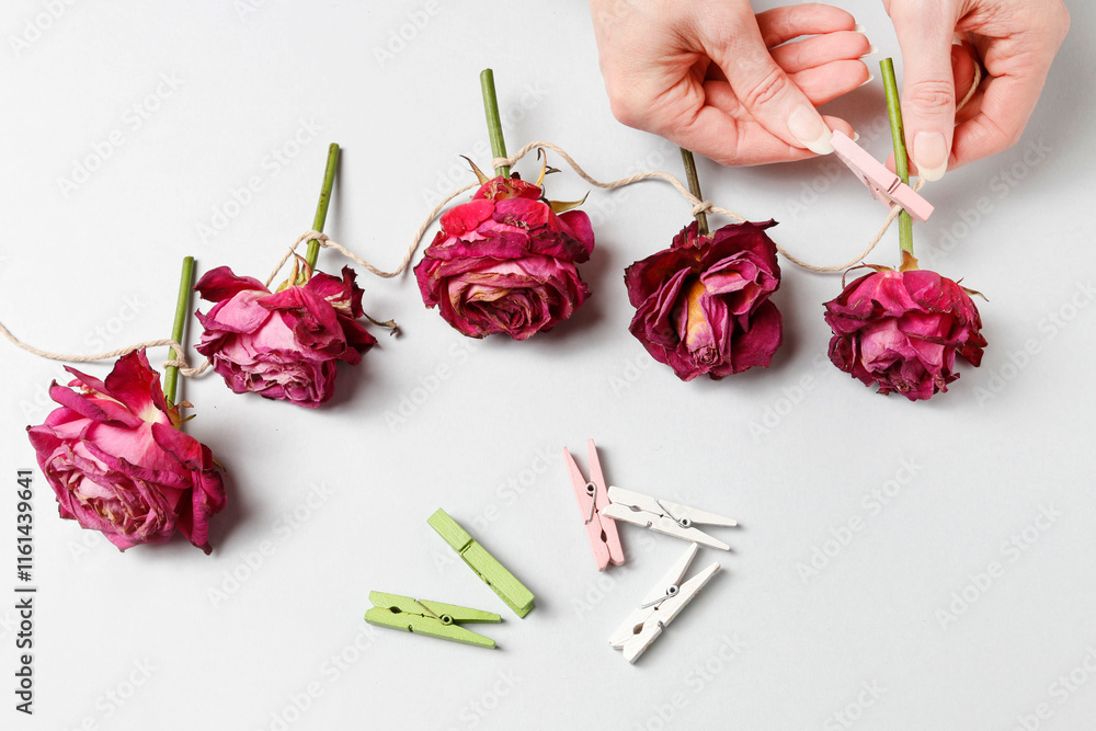 Florist at work: woman shows how to make a simple Valentine's Day decoration with semi-dry roses, string and clothes pegs. Step by step, tutorial.