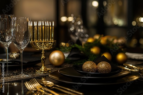 Hanukkah table setting with a menorah, dreidels, and golden coins for a festive ambiance. photo