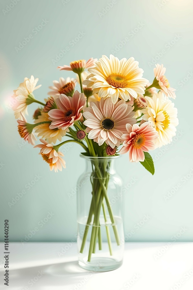 A beautiful bouquet of pastel pink and cream-colored dahlias in a clear glass vase against a soft mint-green background