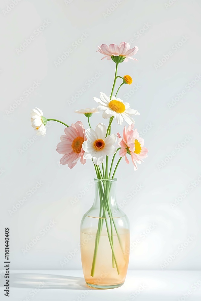 A bouquet of delicate pink and white daisies in a clear glass vase with an ombre peach/orange color A bouquet of delicate pink and white daisies in a clear glass vase with an ombre peach/orange color
