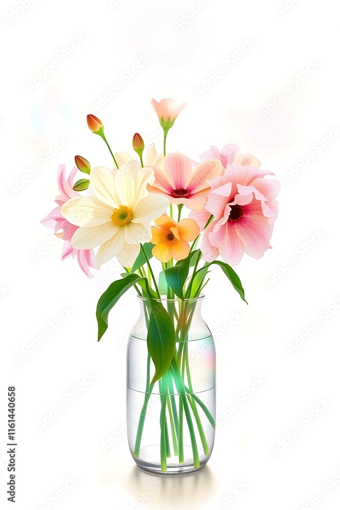 A vibrant and delicate bouquet of pastel-colored flowers, including pinks, peaches, yellows, and whites, is artfully arranged in a clear glass vase A vibrant and delicate bouquet of pastel-colored flowers, including pinks, peaches, yellows, and whites, is artfully arranged in a clear glass vase