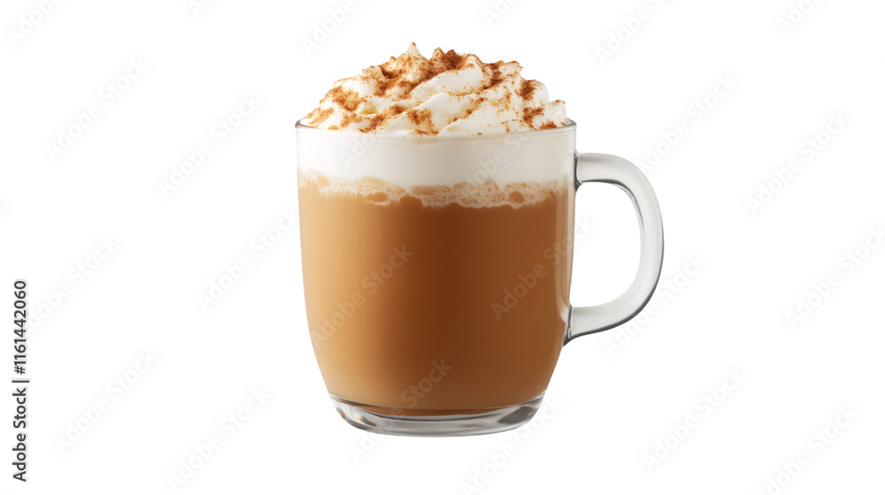 Glass mug of pumpkin spice latte topped with whipped cream and cinnamon powder, isolated on transparent background Glass mug of pumpkin spice latte topped with whipped cream and cinnamon powder, isolated on transparent background