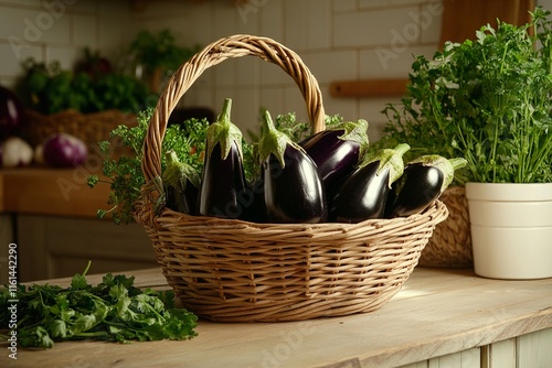 Rustic Countryside Kitchen with Wicker Basket of Fresh Eggplants and Herbs on Wooden Counter photo