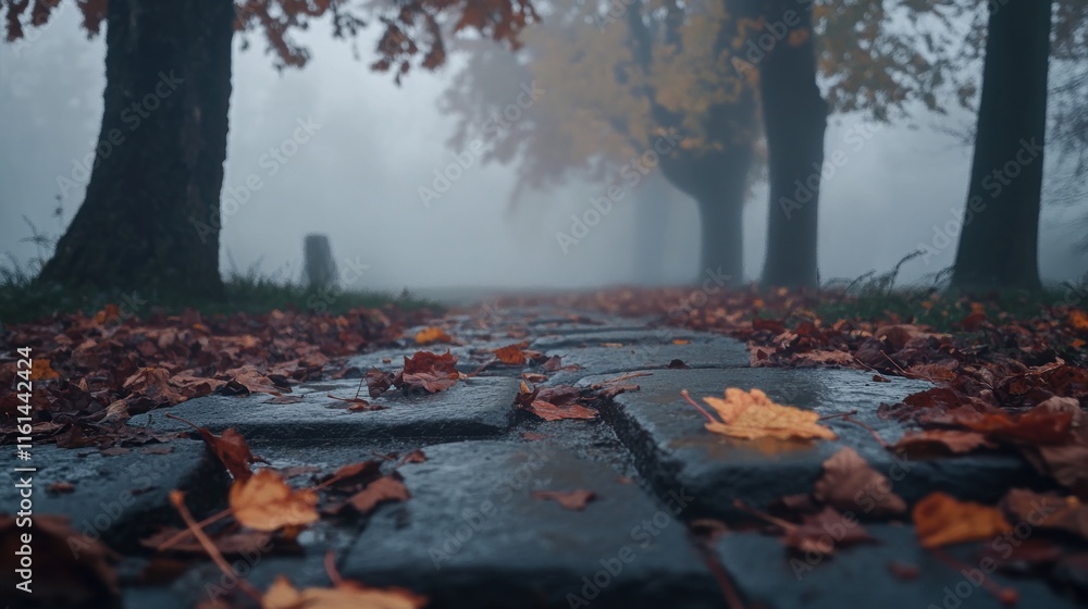 Misty autumn path with fallen leaves on cobblestones. Misty autumn path with fallen leaves on cobblestones.