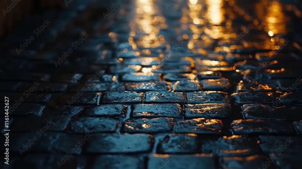 Obraz premium Wet cobblestone street at night, illuminated by warm streetlights.