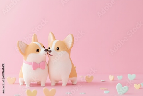 Valentines Day card 3d kawaii two corgi dogs one wearing a pink bow on a pastel pink solid color background, heart confetti