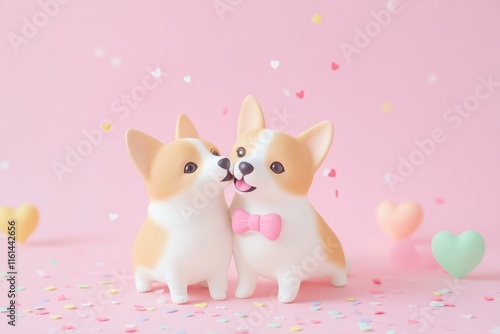 Valentines Day card 3d kawaii two corgi dogs one wearing a pink bow on a pastel pink solid color background, heart confetti