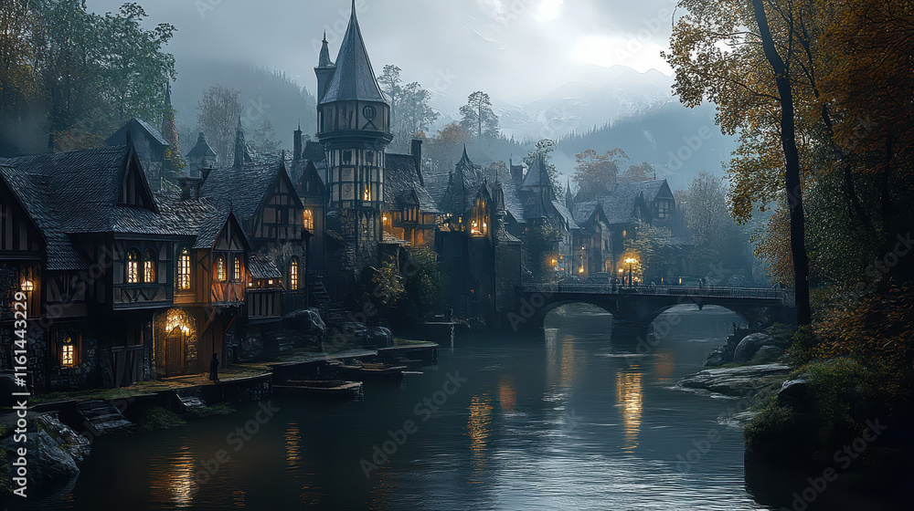 Fototapeta premium Ethereal Medieval Fantasy Village by Misty River with Bridge and Stone Houses