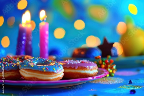 Doughnuts and dreidels on a vibrant Hanukkah table with festive decor. photo