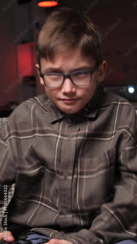 vertical video Boy holds video game console joystick and hits controller with his hands in anger vertical video Boy holds video game console joystick and hits controller with his hands in anger
