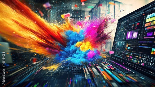 Vibrant color explosion erupting from laptop screen, showcasing digital art creation.