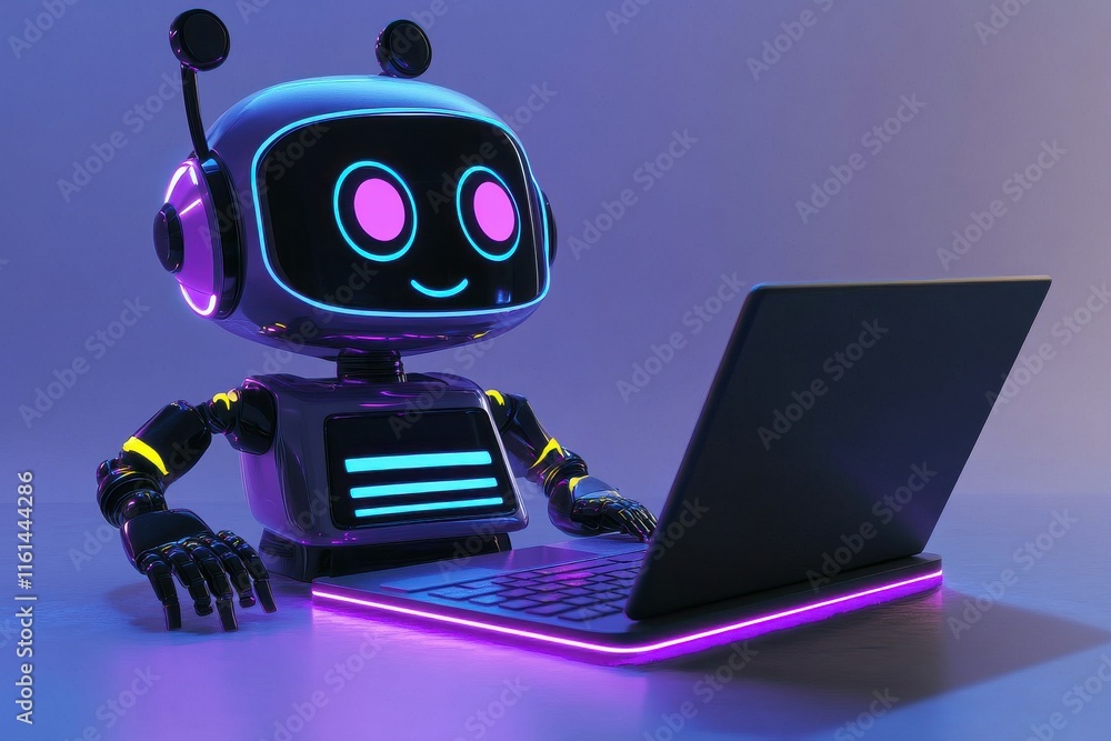A cute, futuristic robot with glowing features sits in front of a laptop, engaged in digital tasks. A cute, futuristic robot with glowing features sits in front of a laptop, engaged in digital tasks.