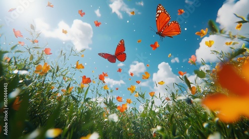 Colorful Butterflies Fluttering Over a Vibrant Flower Field Under a Bright Blue Sky With Fluffy White Clouds photo