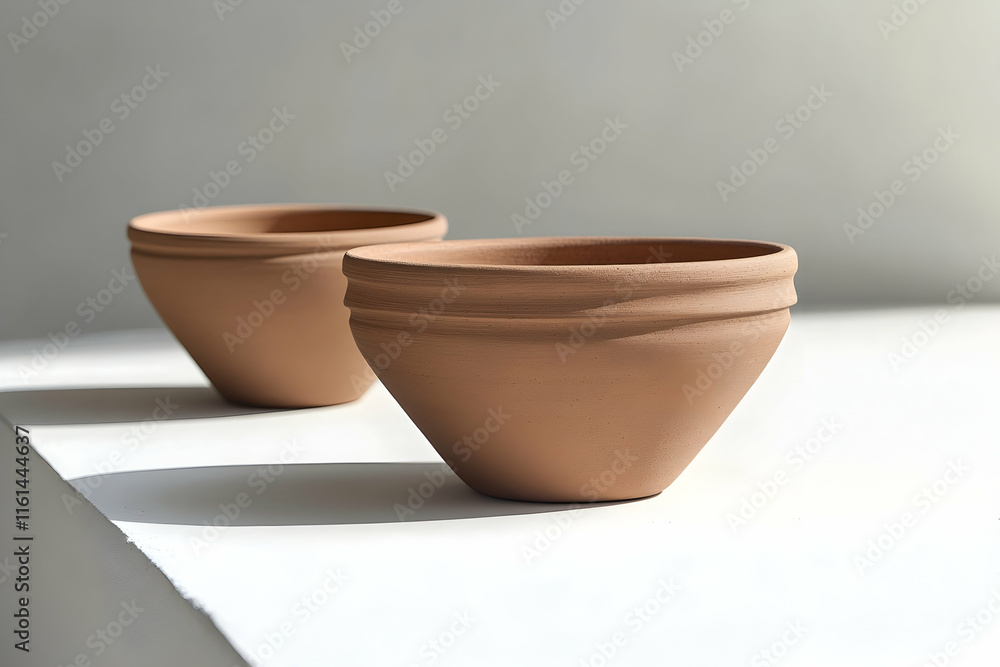 Simple terracotta bowl displayed on a neutral surface for minimalist design Simple terracotta bowl displayed on a neutral surface for minimalist design