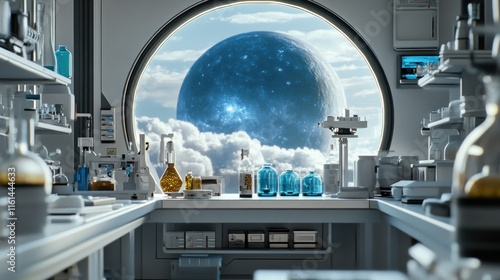 Fototapeta Naklejka Na Ścianę i Meble -  Futuristic space lab with moon view; glassware, equipment on counters.