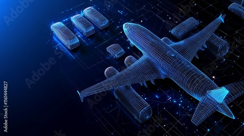 3D airplane and cars in a hangar Top view with low poly wireframe mesh Starry sky effect in dark blue vector