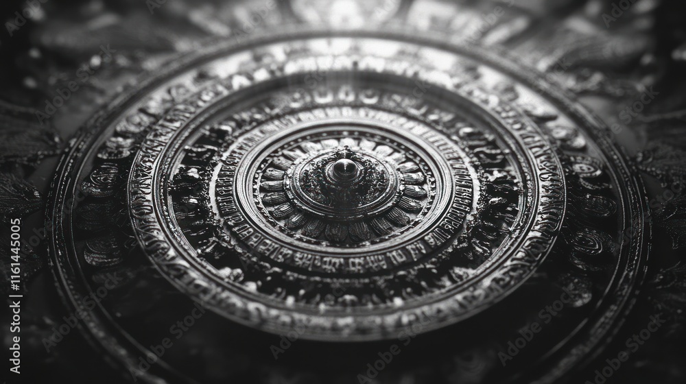 Intricate circular metallic design with detailed carvings and a central focal point. Intricate circular metallic design with detailed carvings and a central focal point.