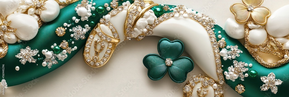 Fototapeta premium Emerald green and white luxury fabric with pearls, crystals, and shamrock.