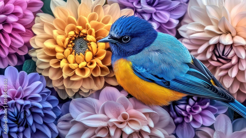 Fototapeta premium Vibrant blue bird nestled amongst pastel dahlias.