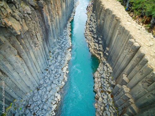 Aerial view of Stuðlagil Canyon known for its columnar basalt rock formations, Iceland