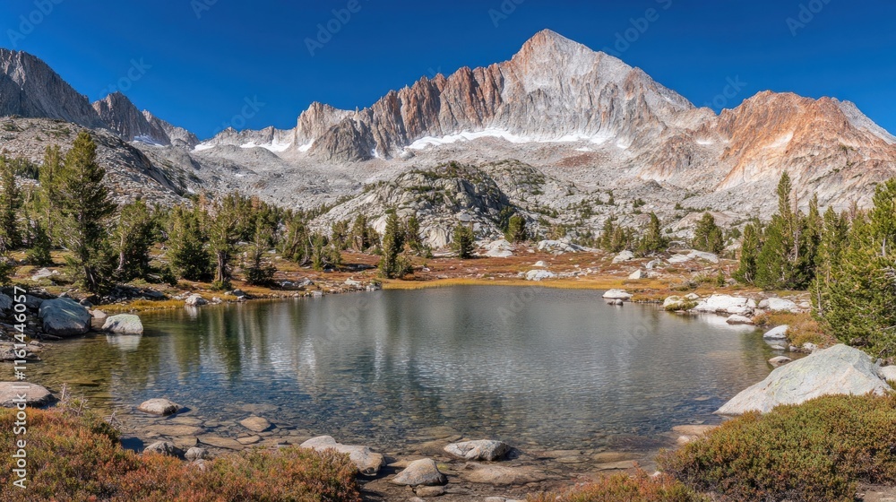 Fototapeta premium Majestic mountain reflected in serene alpine lake.