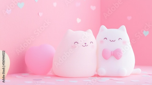 Valentines Day card 3d kawaii two cats kissing one wearing a pink bow on a pastel pink background, red hearts confetti