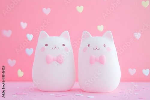 Valentines Day card 3d kawaii two cats kissing one wearing a pink bow on a pastel pink background, red hearts confetti
