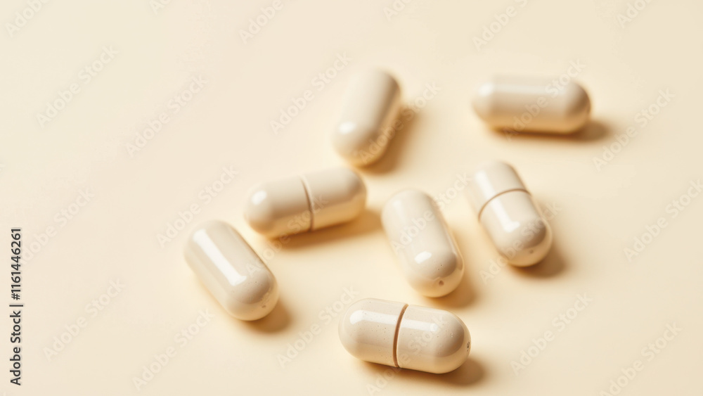A pile of white magnesium glycinate supplements on a light-colored surface. A pile of white magnesium glycinate supplements on a light-colored surface.