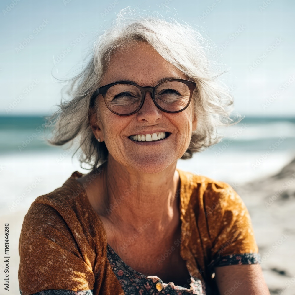 A joyful elderly woman with gray hair and glasses sits on the beach, smiling brightly. The sun shines, and waves softly crash in the background, creating a serene atmosphere A joyful elderly woman with gray hair and glasses sits on the beach, smiling brightly. The sun shines, and waves softly crash in the background, creating a serene atmosphere