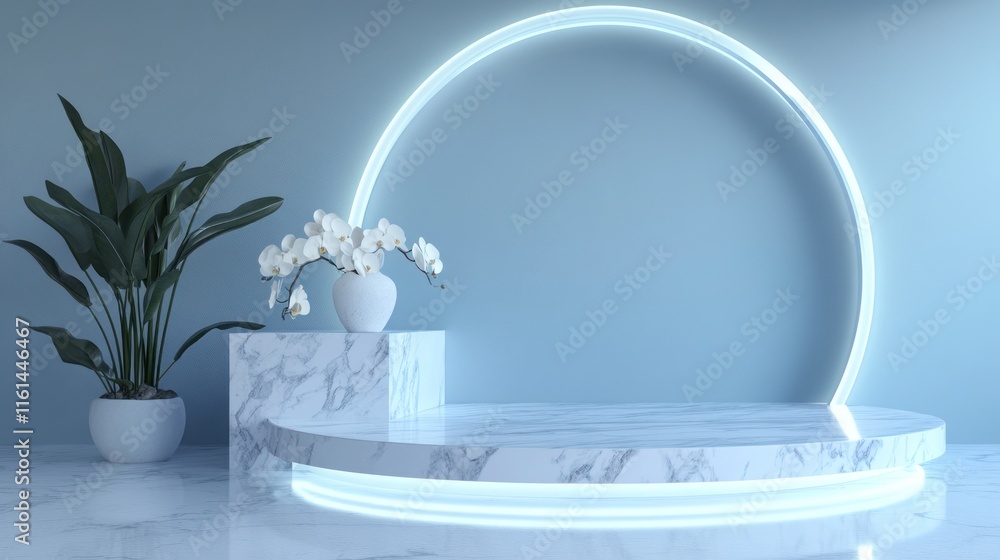 Elegant marble podium with neon lights, orchids, and plants on blue background. Elegant marble podium with neon lights, orchids, and plants on blue background.