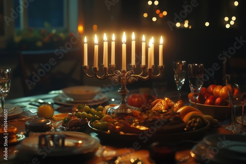 Hanukkah menorah with glowing candles and traditional food, creating a classic festive scene. photo