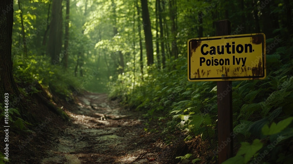Forest trail with caution sign warning of poison ivy. Forest trail with caution sign warning of poison ivy.