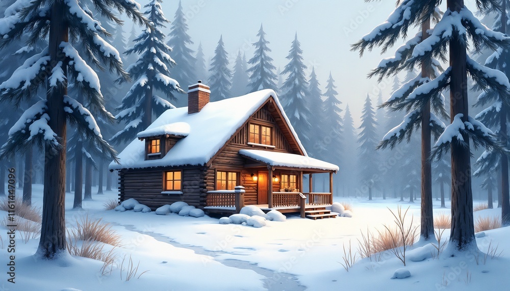 Cozy cabin in snowy woods with warm light in watercolor style Cozy cabin in snowy woods with warm light in watercolor style