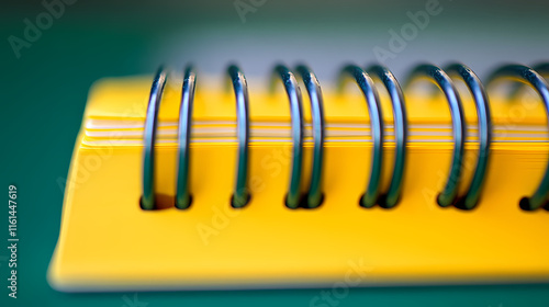 Spiral bound notebook with yellow and green blank pages from a low angle view. Reverberate. Illustration photo