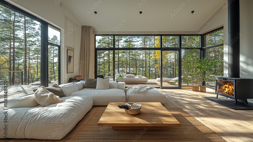 A live edge tree stump accent coffee table complements a white corner sofa, embodying the Scandinavian design essence of the modern living room A live edge tree stump accent coffee table complements a white corner sofa, embodying the Scandinavian design essence of the modern living room