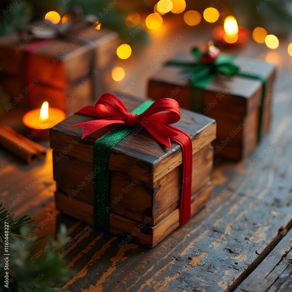 Rustic Wooden Christmas Gift Boxes with Red and Green Ribbons, Cozy Candlelight Glow on Aged Wooden Table Rustic Wooden Christmas Gift Boxes with Red and Green Ribbons, Cozy Candlelight Glow on Aged Wooden Table