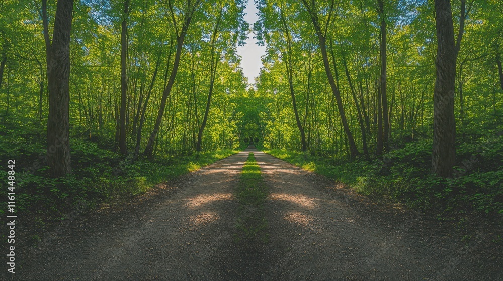 Obraz premium Sunlit path through lush green forest trees.
