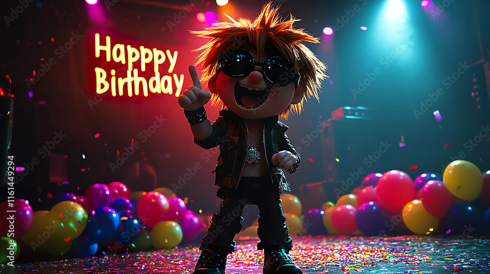 Obraz premium Cartoonish figure of a rocker at a birthday party, wearing dark glasses, surrounded by balloons and confetti in a vibrant atmosphere. Generated with AI.