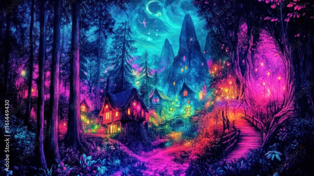 Fototapeta premium Enchanting neon village nestled in a vibrant, mystical forest at night, illuminated by glowing lights and a crescent moon.
