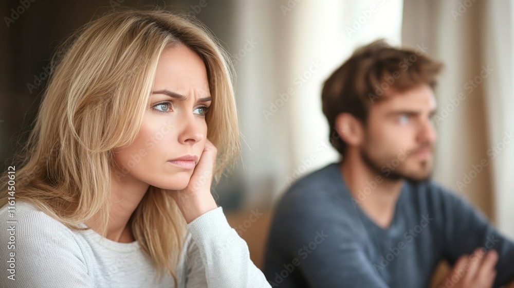 Serious sad woman thinking over a problem, man aside, meeting therapist, poor chance of getting pregnant after 40, unmet expectations, unable to handle family finances, interested in different things Serious sad woman thinking over a problem, man aside, meeting therapist, poor chance of getting pregnant after 40, unmet expectations, unable to handle family finances, interested in different things