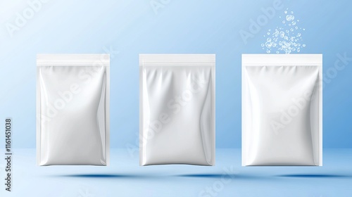 Cleaning detergent pack mockup vector realistic Plastic bag with 3D bubbles effect zoomed fabric texture view showing dirt removal