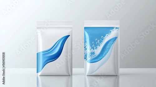 Cleaning detergent pack mockup vector realistic Plastic bag with 3D bubbles effect zoomed fabric texture view showing dirt removal