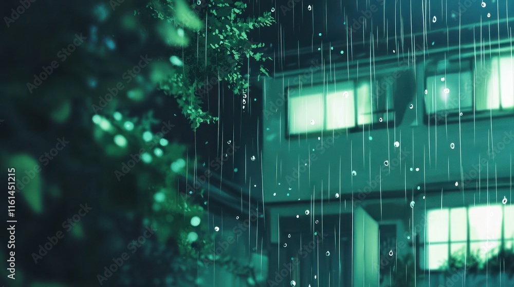 Rainy night scene, house lights glow through falling rain. Rainy night scene, house lights glow through falling rain.