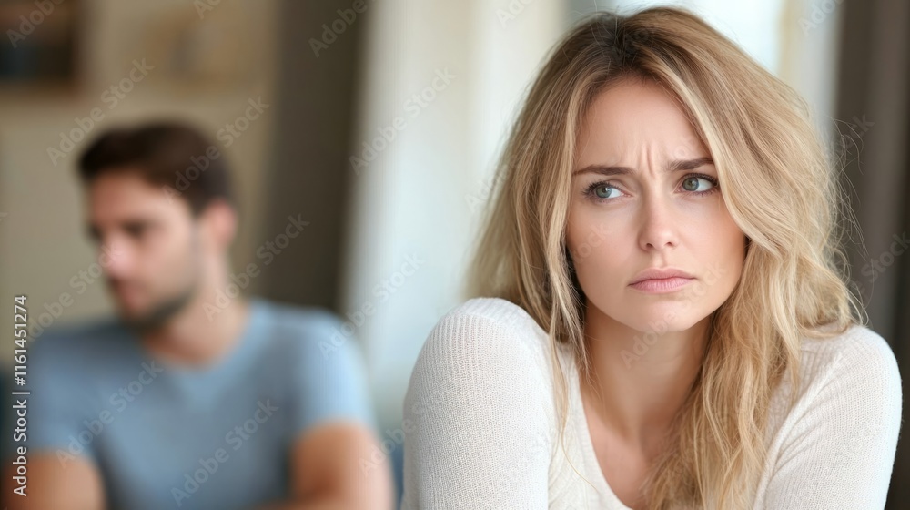Serious sad woman thinking over a problem, man aside, meeting therapist, poor chance of getting pregnant after 40, unmet expectations, unable to handle family finances, interested in different things Serious sad woman thinking over a problem, man aside, meeting therapist, poor chance of getting pregnant after 40, unmet expectations, unable to handle family finances, interested in different things