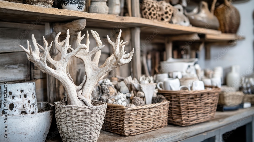 Obraz premium Rustic wooden shelves display various home decor items, including antlers, pottery, and baskets.